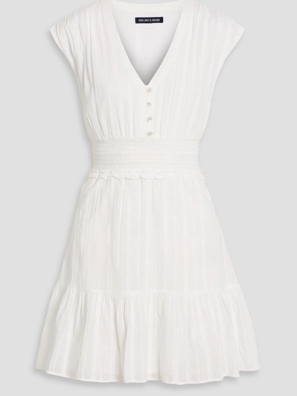 Veronica Beard White V-Neck Smocked-Waist Tiered Mini Dress